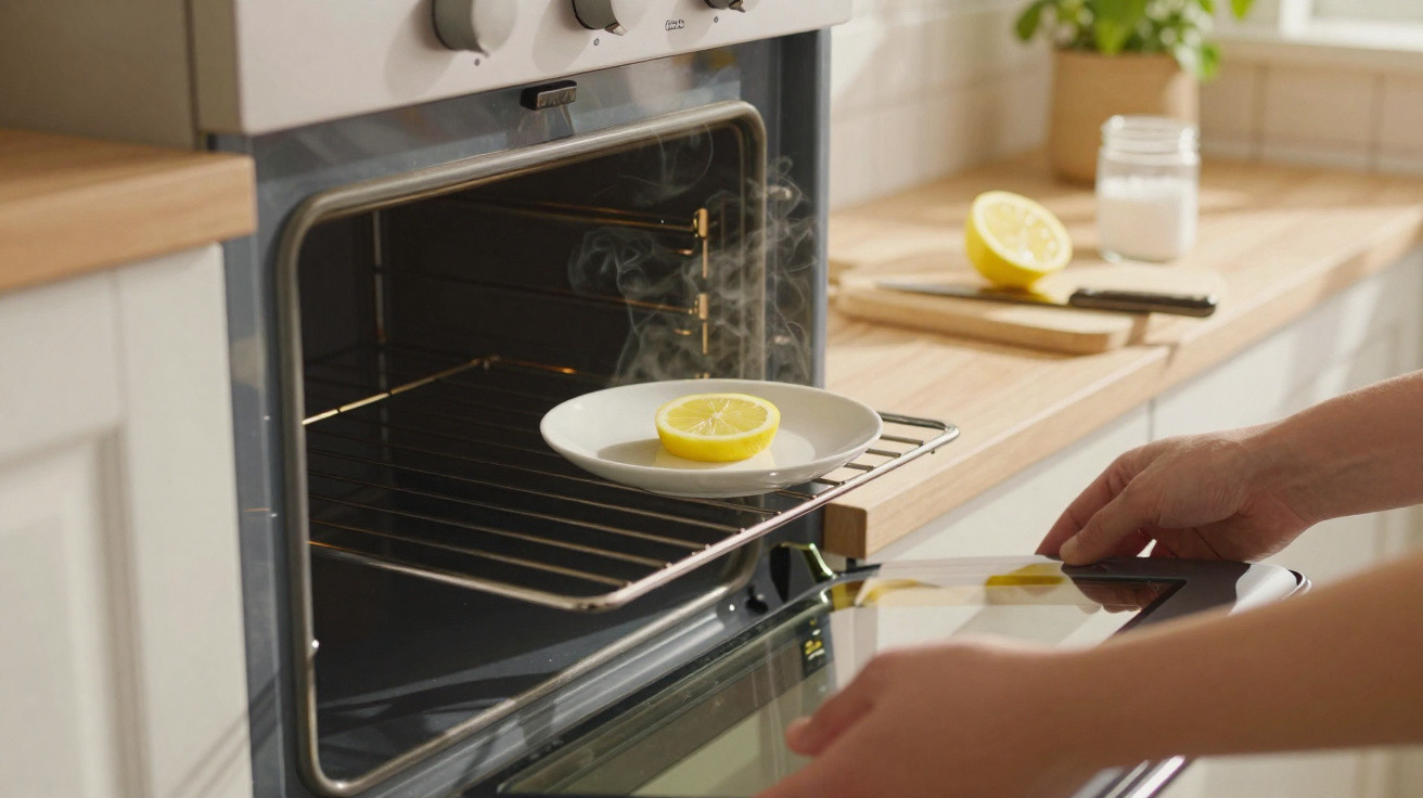 Pessoa a colocar prato com meio limão a libertar vapor no forno aberto numa cozinha moderna.