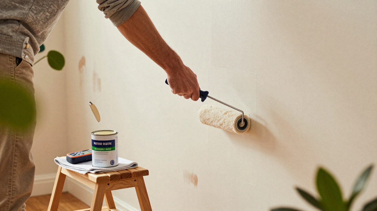 Pessoa a pintar uma parede interior de cor clara com rolo de pintura.