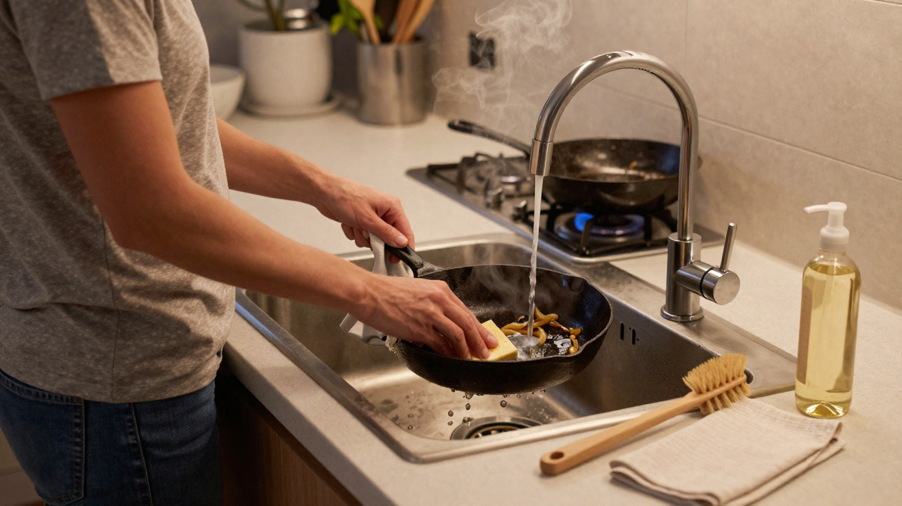 Pessoa a lavar uma frigideira quente com esponja na cozinha, ao lado de escova, toalha e sabonete líquido.