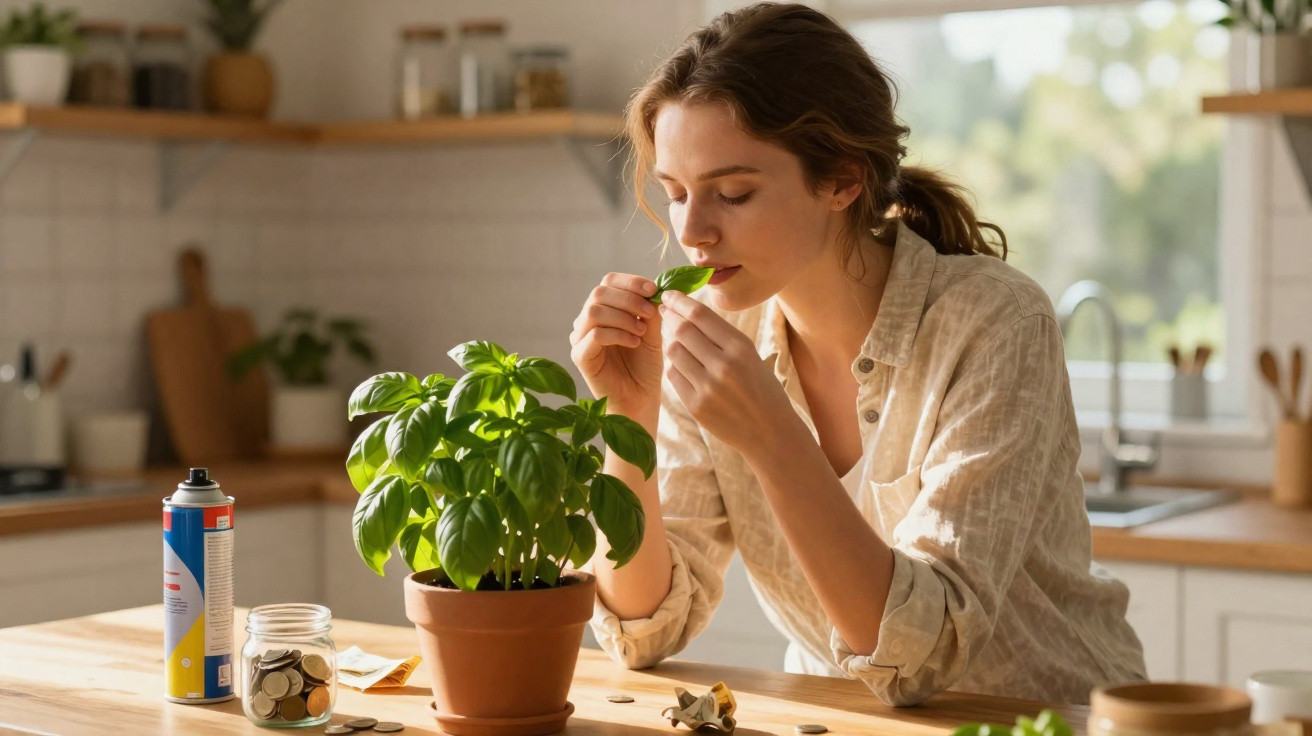 Mulher a cheirar uma folha de manjericão junto a uma planta em vaso numa cozinha iluminada.