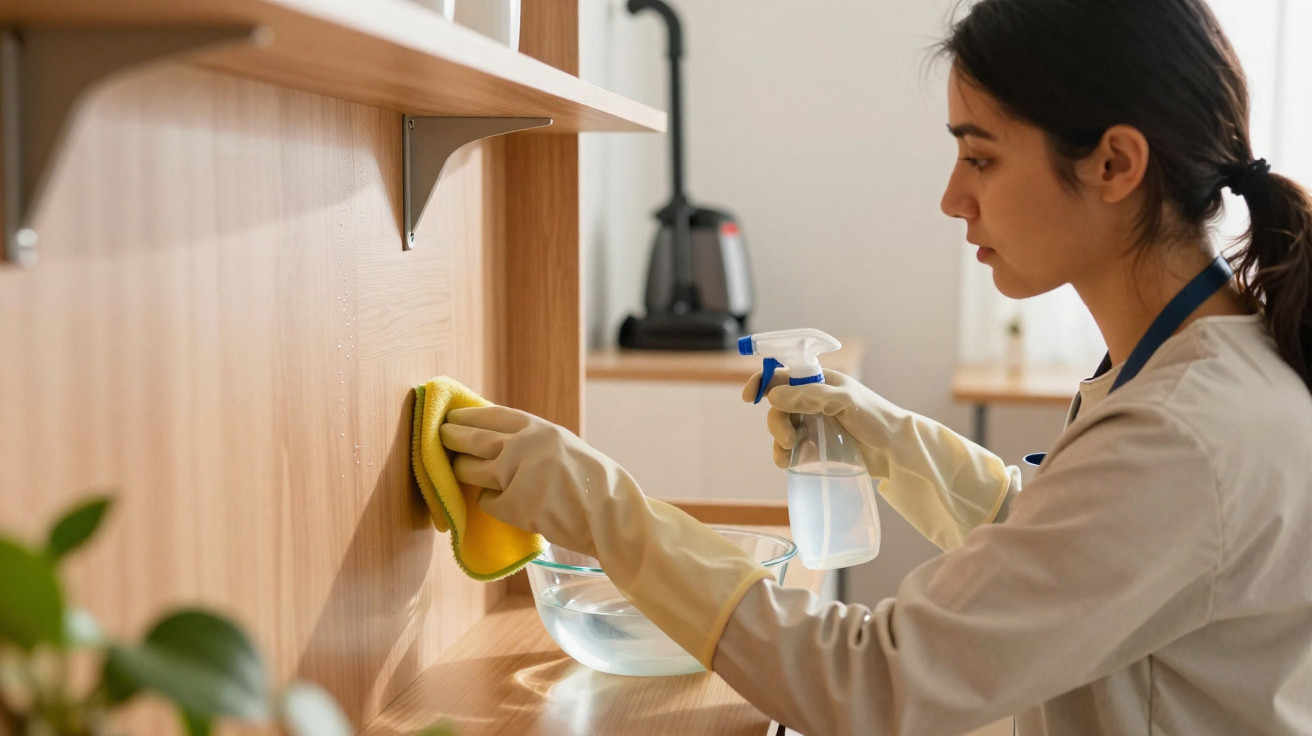 Mulher com luvas de limpeza a limpar uma superfície de madeira com pano amarelo e pulverizador.