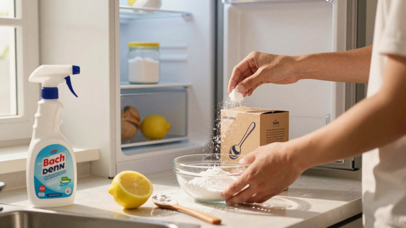 Mãos a colocar pó branco numa taça, perto de limão, recipiente de limpeza e frigorífico aberto.