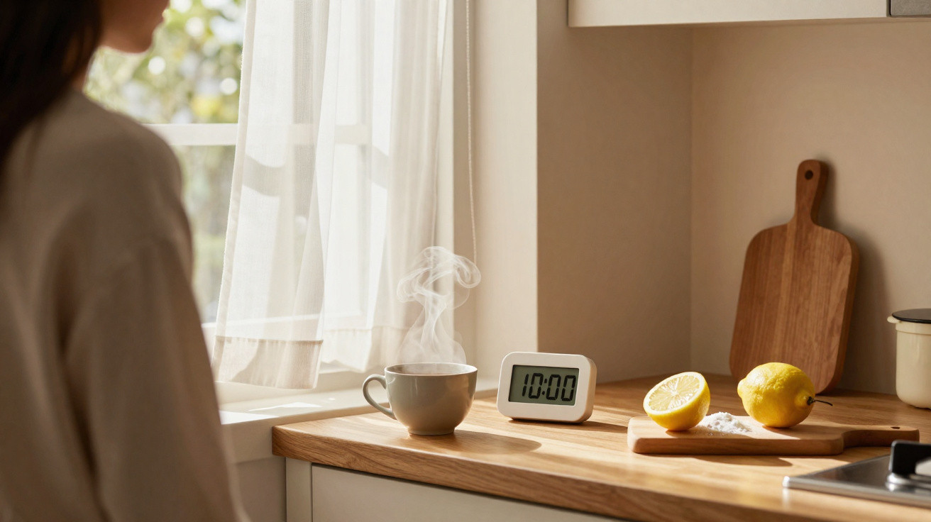Pessoa com chá quente, relógio digital a mostrar 10:00 e limões sobre bancada de cozinha iluminada pelo sol.