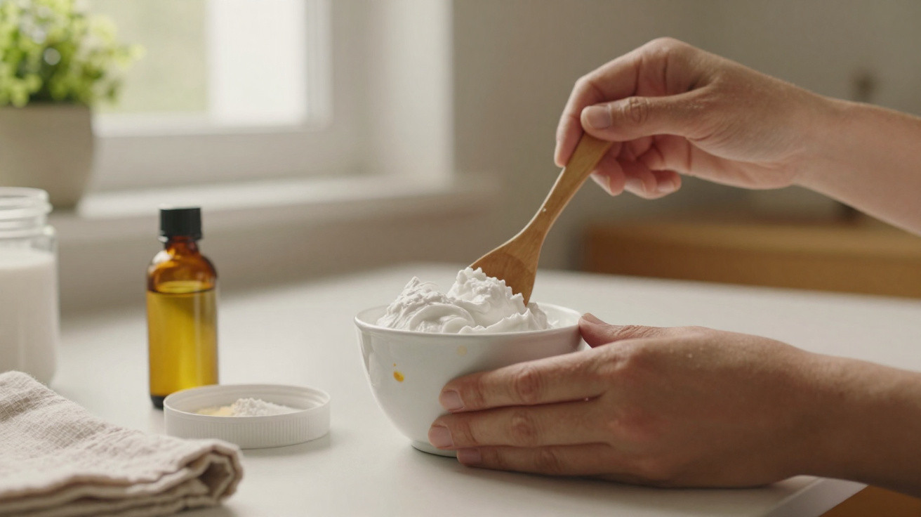 Mãos mexem creme branco em tigela com colher de madeira, frascos e toalha numa bancada clara.