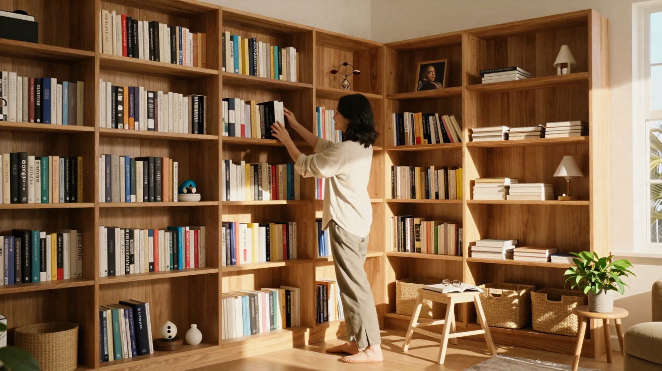 Mulher a organizar livros numa estante grande de madeira numa sala iluminada com plantas e mobiliário moderno.