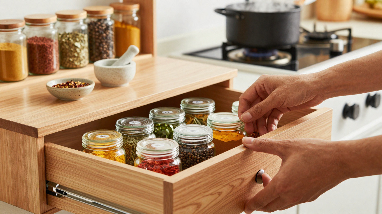 Mãos a abrir gaveta de madeira com frascos de especiarias organizados numa cozinha moderna.