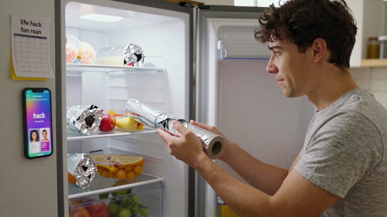 Homem a enrolar papel alumínio para guardar alimentos no frigorífico aberto.
