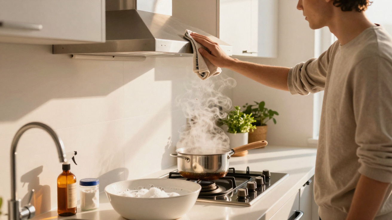 Pessoa limpando exaustor na cozinha enquanto panela a ferver liberta vapor no fogão a gás.