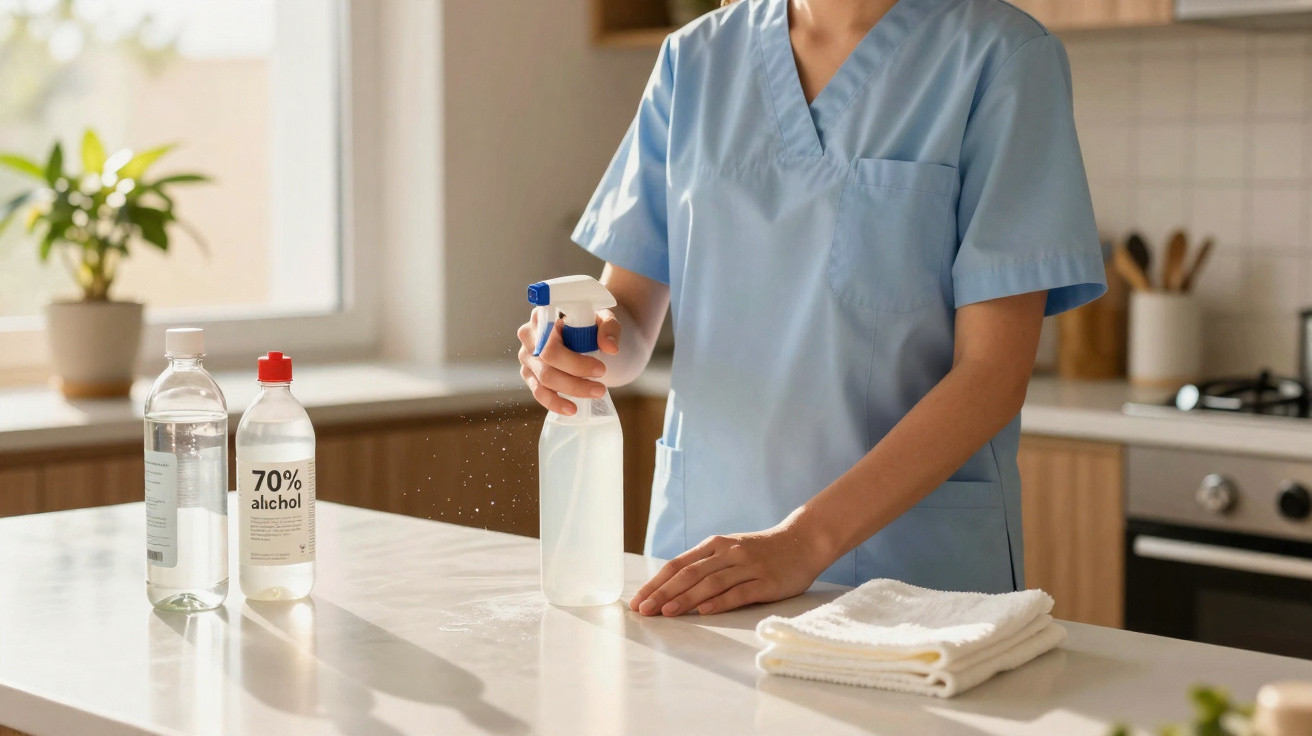 Pessoa em uniforme azul a limpar e desinfetar uma superfície de cozinha com borrifador e álcool.