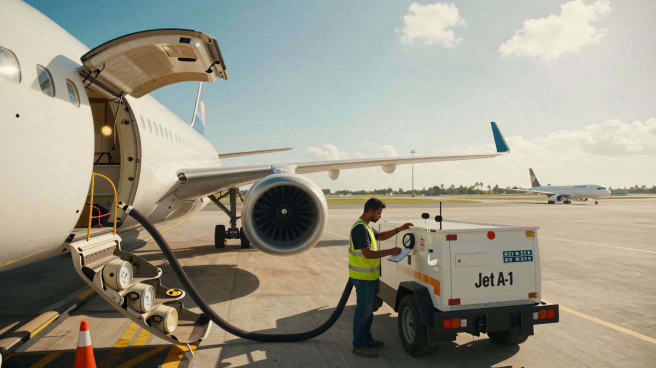 Trabalhador a abastecer combustível num avião branco no aeroporto sob céu azul com poucas nuvens.
