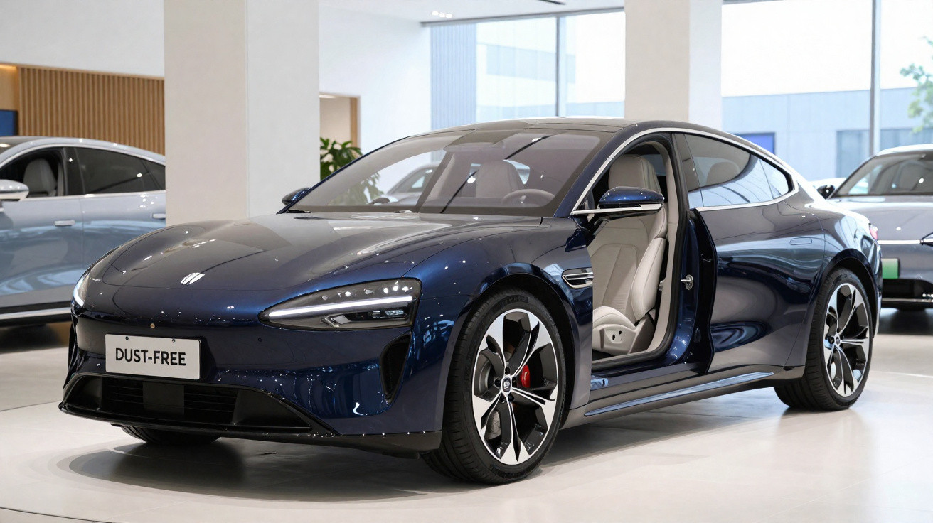 Carro elétrico desportivo azul escuro com porta aberta em showroom moderno e iluminado.