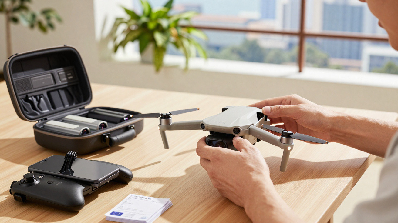 Pessoa a manusear um drone branco sobre uma mesa com comando, bateria extra e estojo preto aberto.