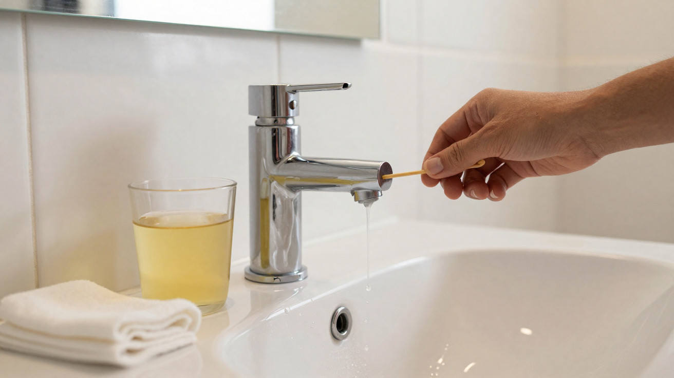 Mão a limpar torneira cromada com palito, ao lado copo com líquido amarelo e toalha branca sobre lavatório branco.