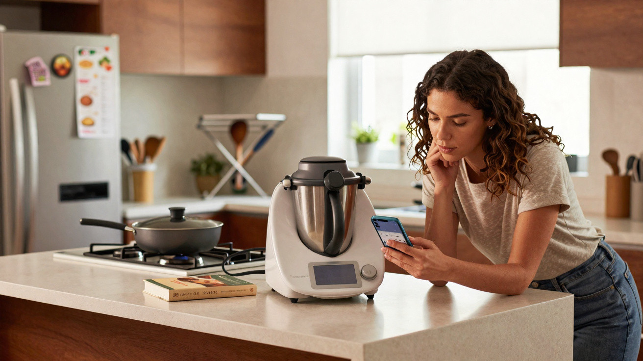 Mulher na cozinha a olhar para o telemóvel junto de um robot de cozinha numa bancada.