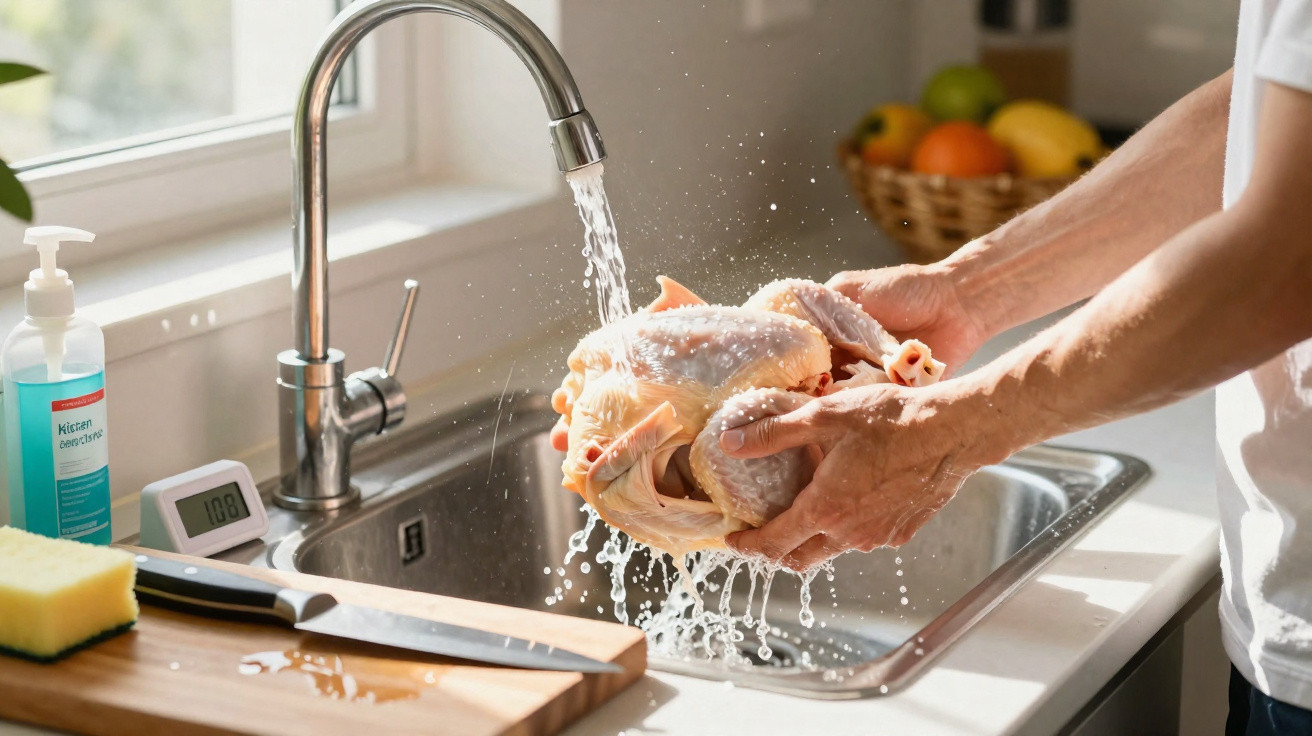 Pessoa lava um frango cru na pia da cozinha sob torneira aberta com utensílios ao lado.