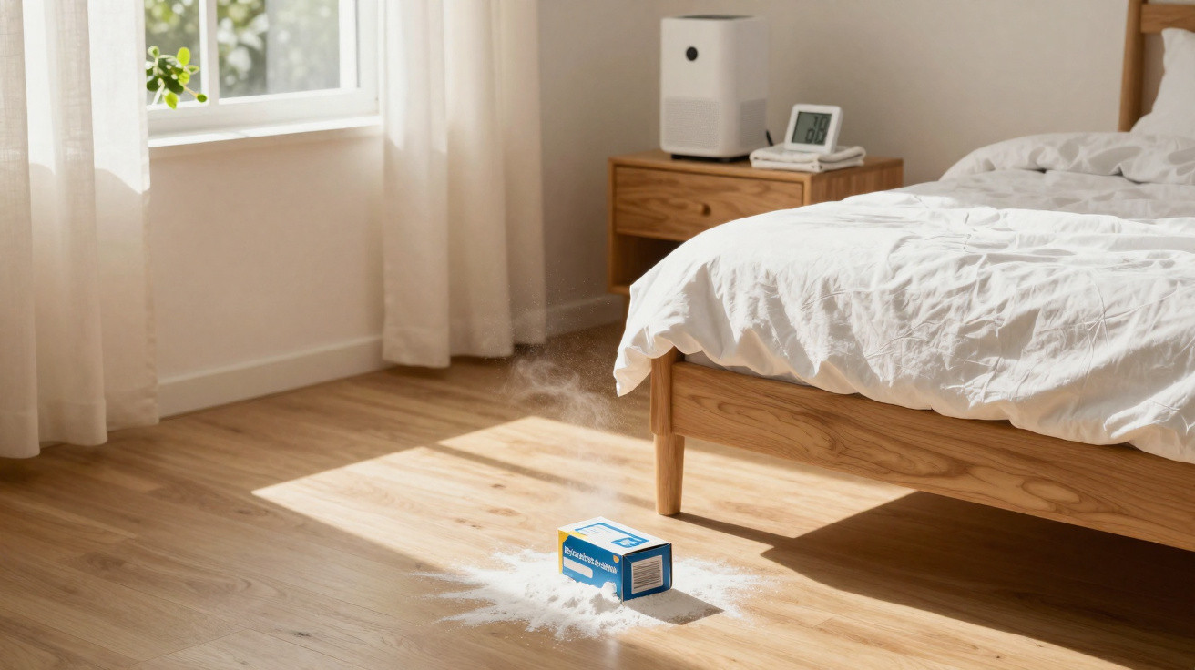 Quarto iluminado com cama de madeira e caixa aberta de bicarbonato de sódio no chão a libertar pó.