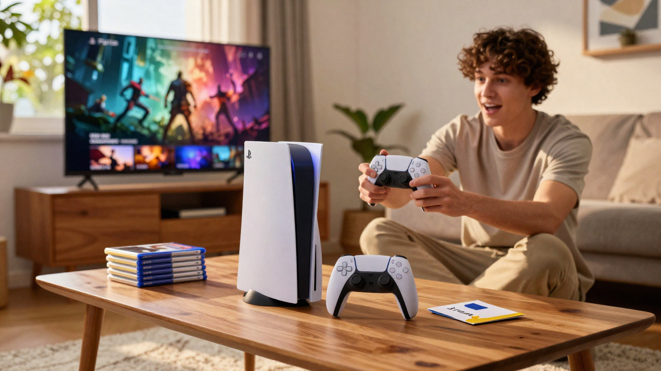 Jovem sentado a jogar videojogos numa sala com consola PlayStation 5, comandos e jogos na mesa de madeira.