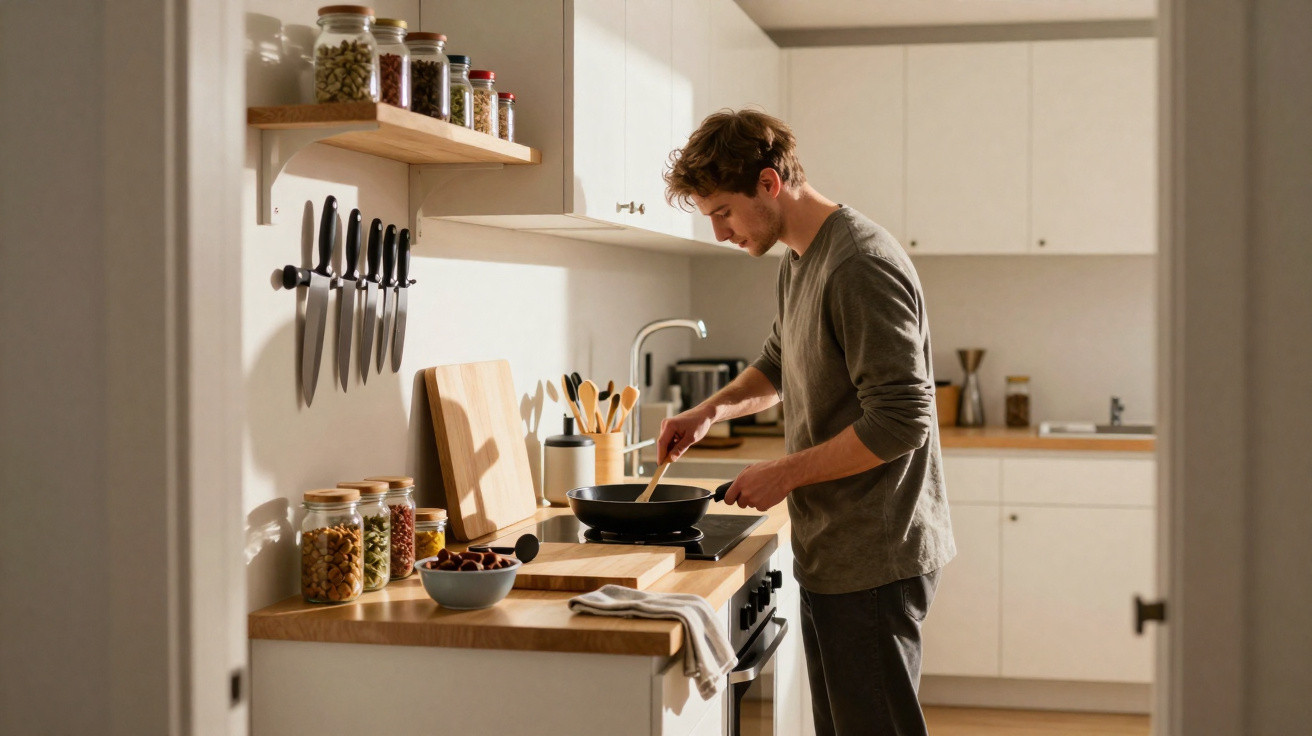 Homem a cozinhar numa cozinha moderna e bem iluminada com frascos e utensílios organizados.