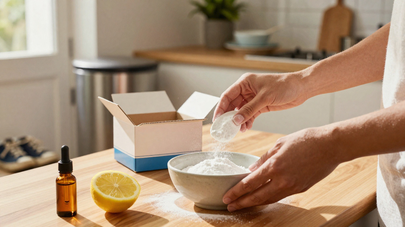 Mãos a dissolver pastilhas efervescentes num recipiente com pó branco numa cozinha iluminada.