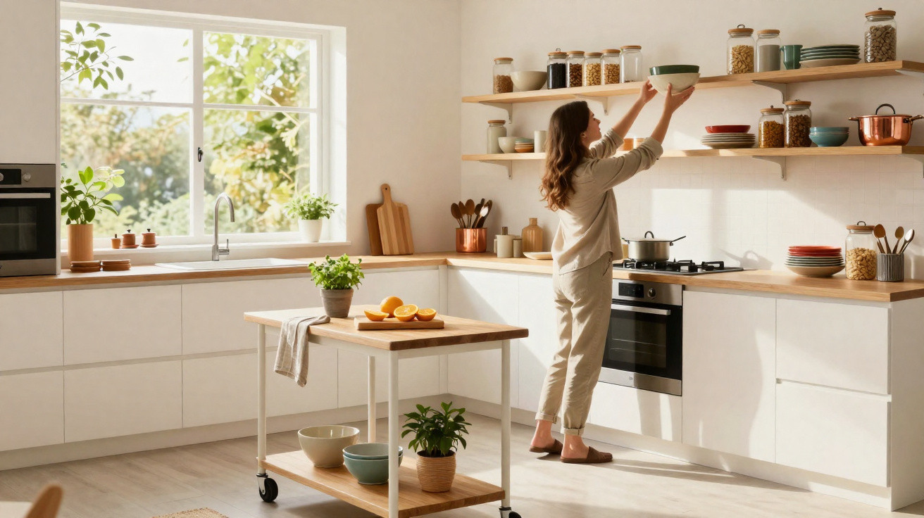 Mulher organiza pratos em prateleiras numa cozinha moderna e luminosa com armários brancos e bancada de madeira.
