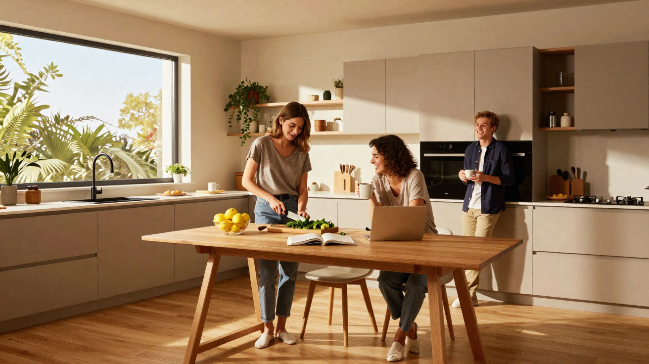 Três pessoas numa cozinha moderna com luz natural, uma prepara comida e outras conversam alegremente à mesa.