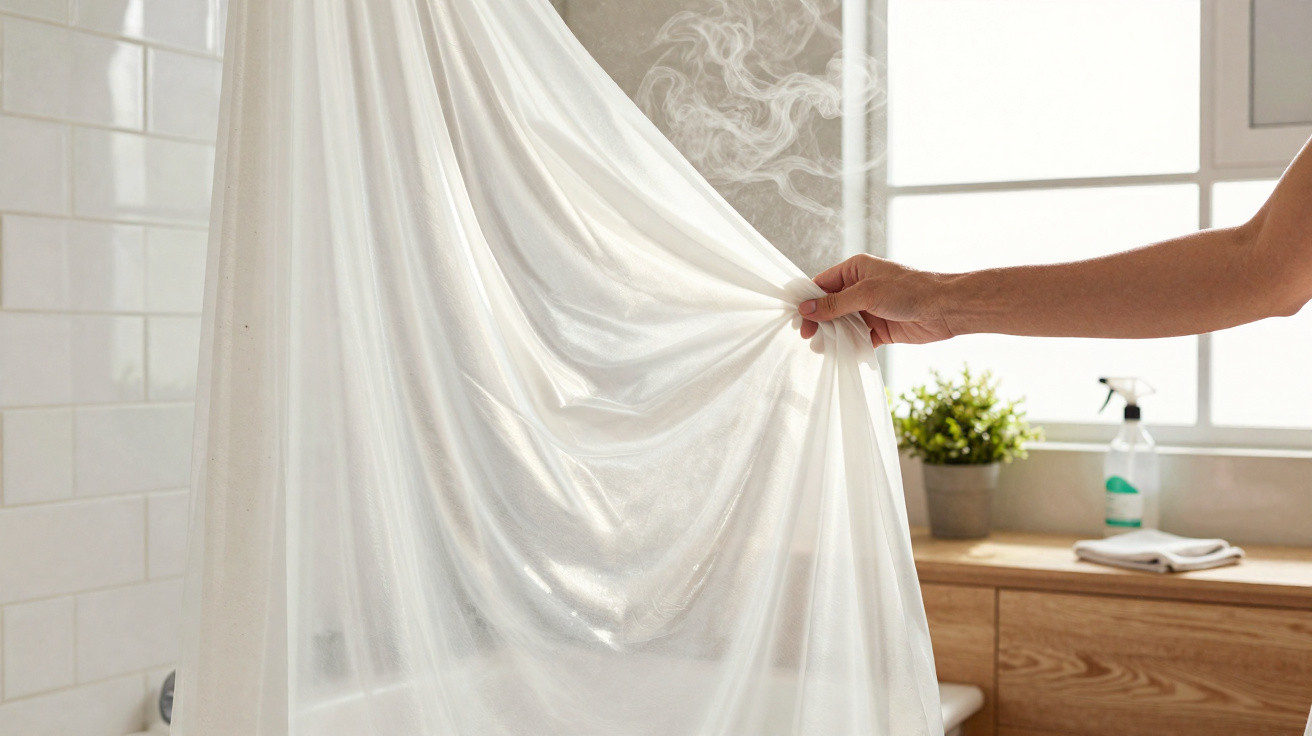 Mão a puxar cortina de chuveiro branca com vapor visível num banheiro iluminado.