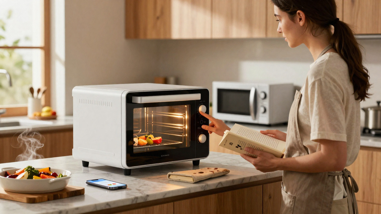 Mulher a ajustar o forno elétrico na cozinha enquanto segura um livro de receitas.