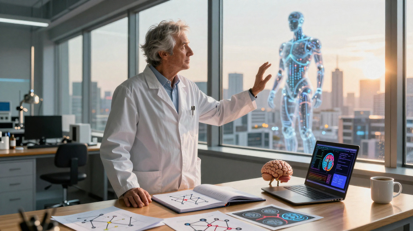 Cientista com bata branca, sensores cerebrais e laptop, observa holograma futurista de robô humanoide numa janela.