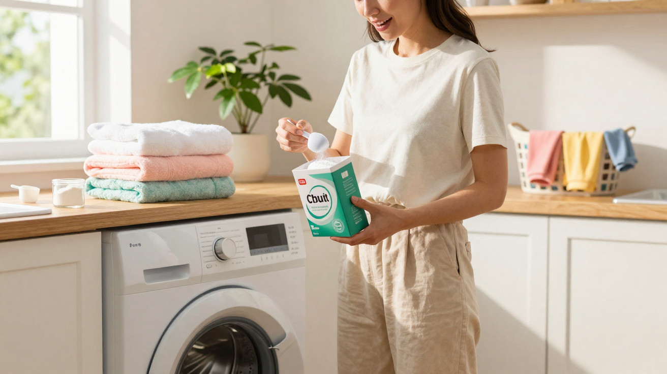 Mulher a colocar detergente em pó na máquina de lavar roupa numa lavandaria doméstica iluminada.