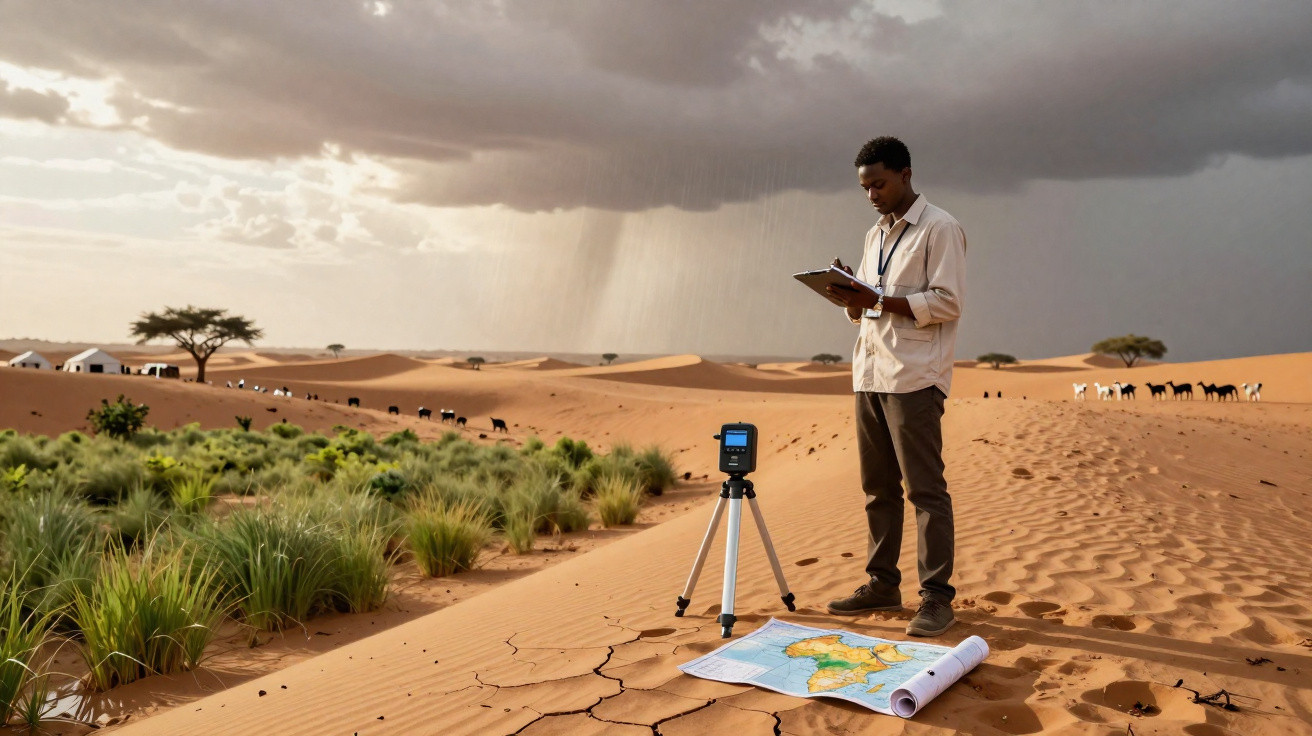 Homem a estudar mapa num deserto com vegetação e tempestade ao fundo.