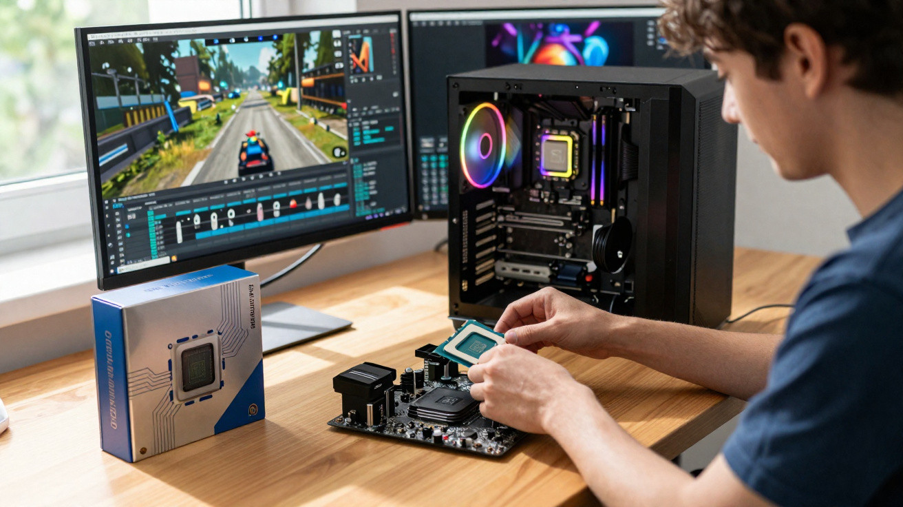 Pessoa a montar um computador, colocando um processador numa motherboard, com videojogo no ecrã ao fundo.