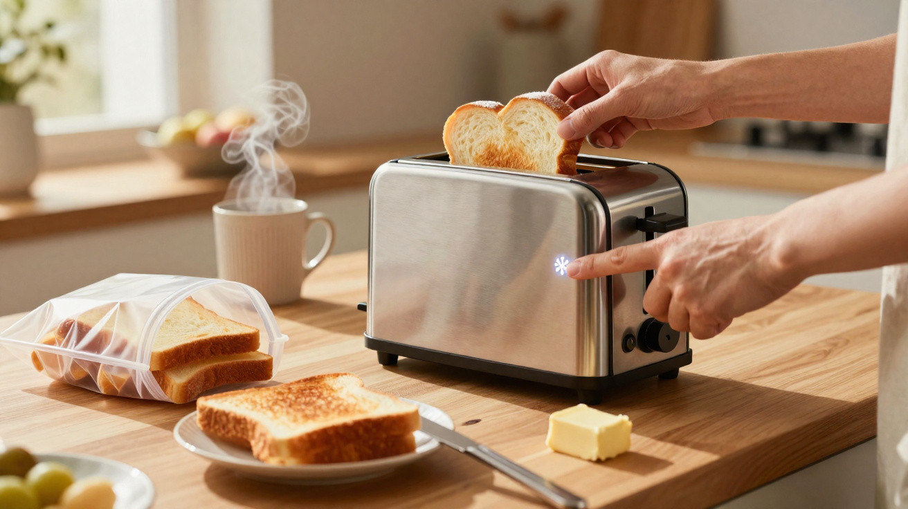 Torradeira moderna em aço inox com fatias de pão a serem inseridas, num ambiente de cozinha iluminado.