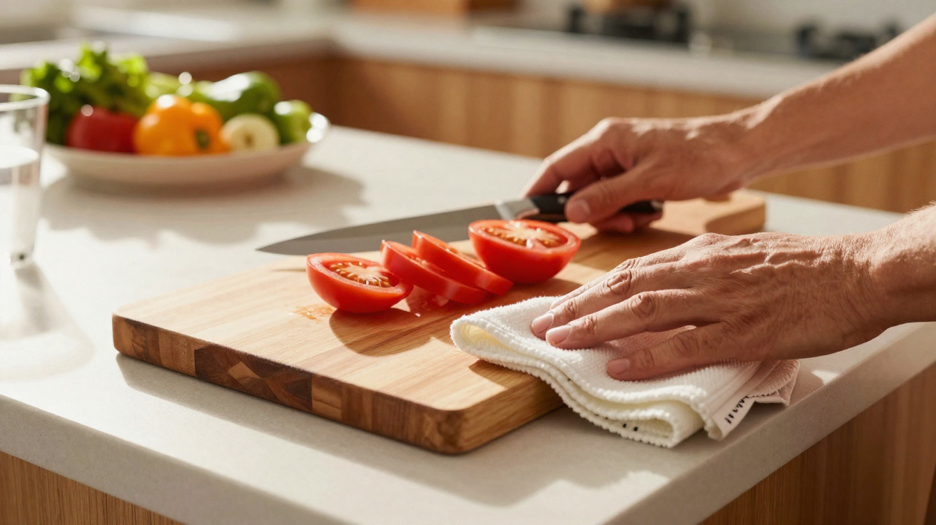 Mãos a cortar tomate em fatias numa tábua de madeira numa cozinha com legumes ao fundo.