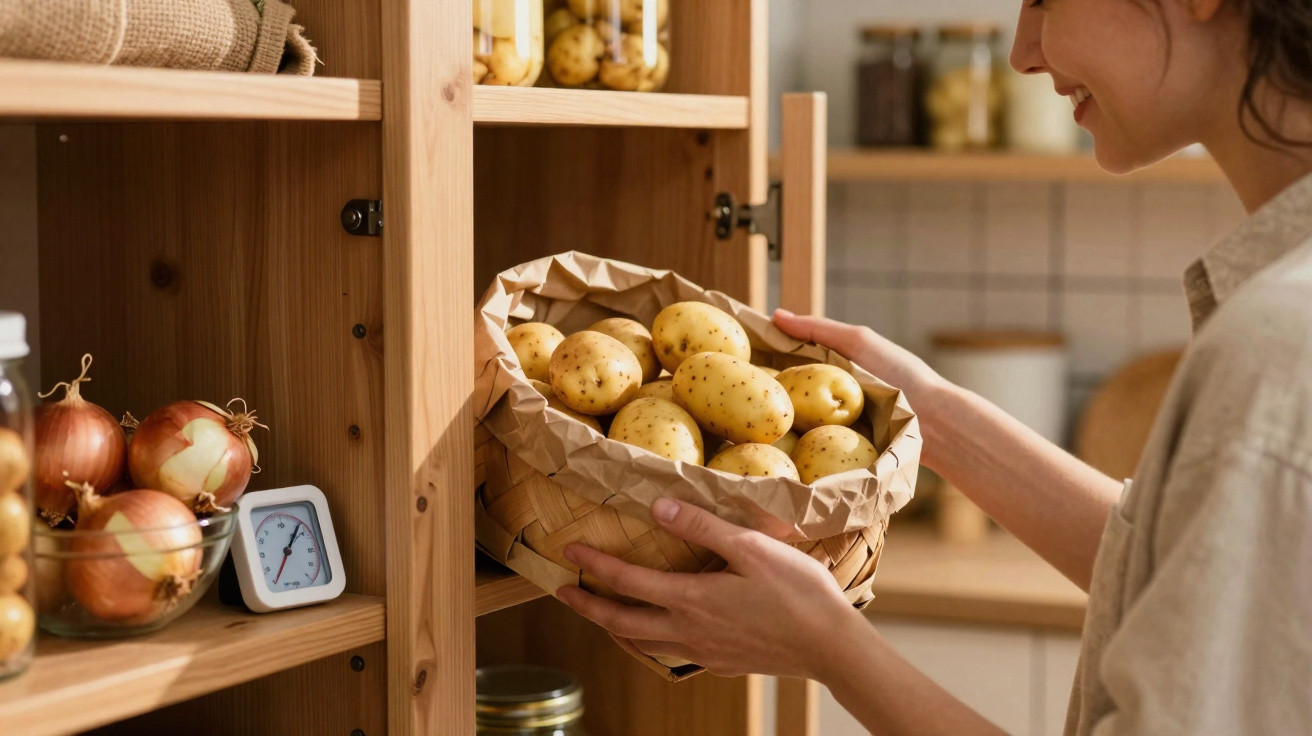 Pessoa a guardar batatas num cesto em prateleira de despensa em cozinha iluminada e organizada.