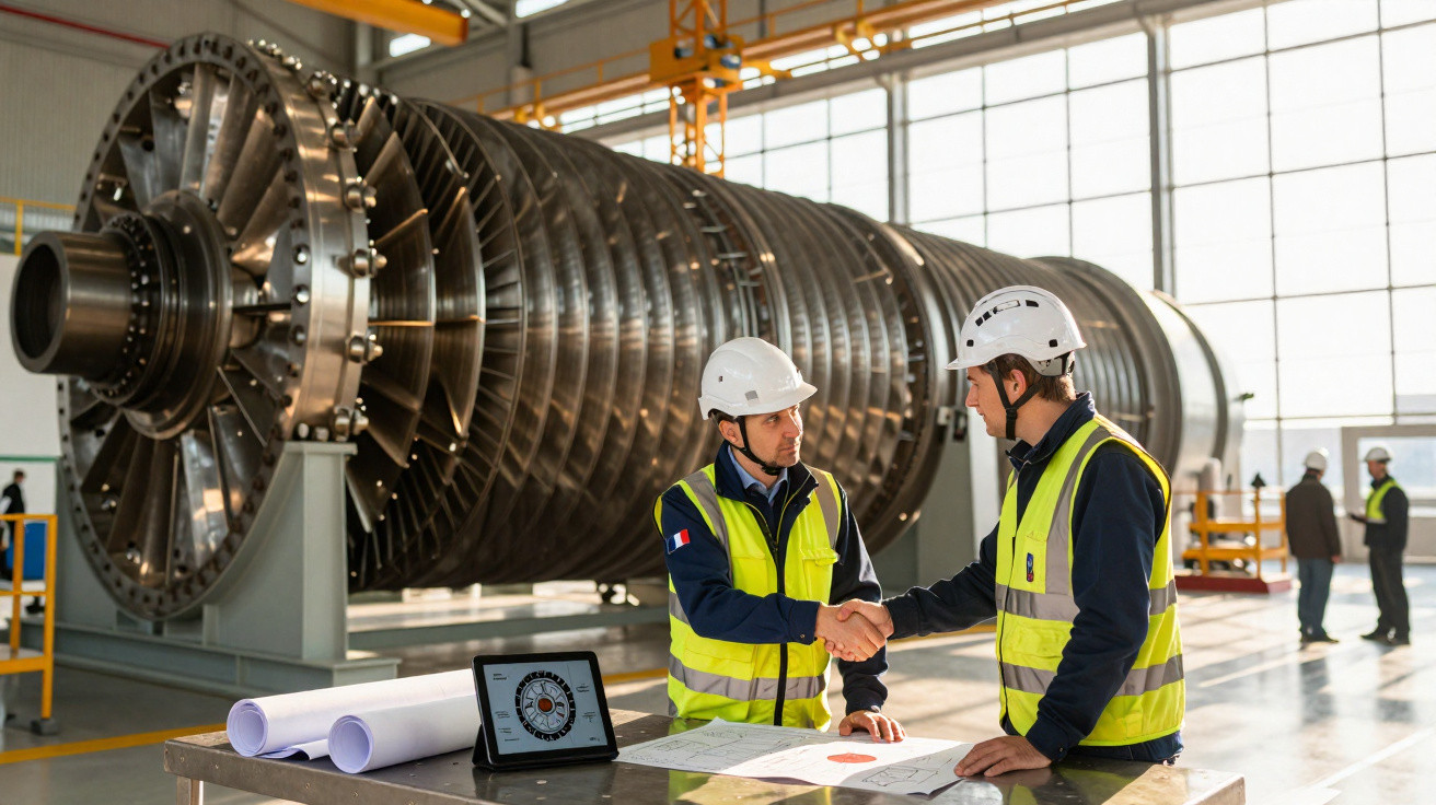 Dois engenheiros com equipamentos de segurança apertam as mãos em fábrica com turbina industrial ao fundo.