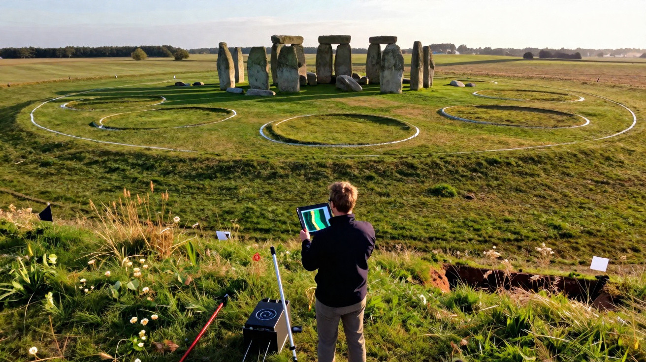 Pessoa a fotografar Stonehenge, círculo de pedras antigas, em campo verde sob céu claro.
