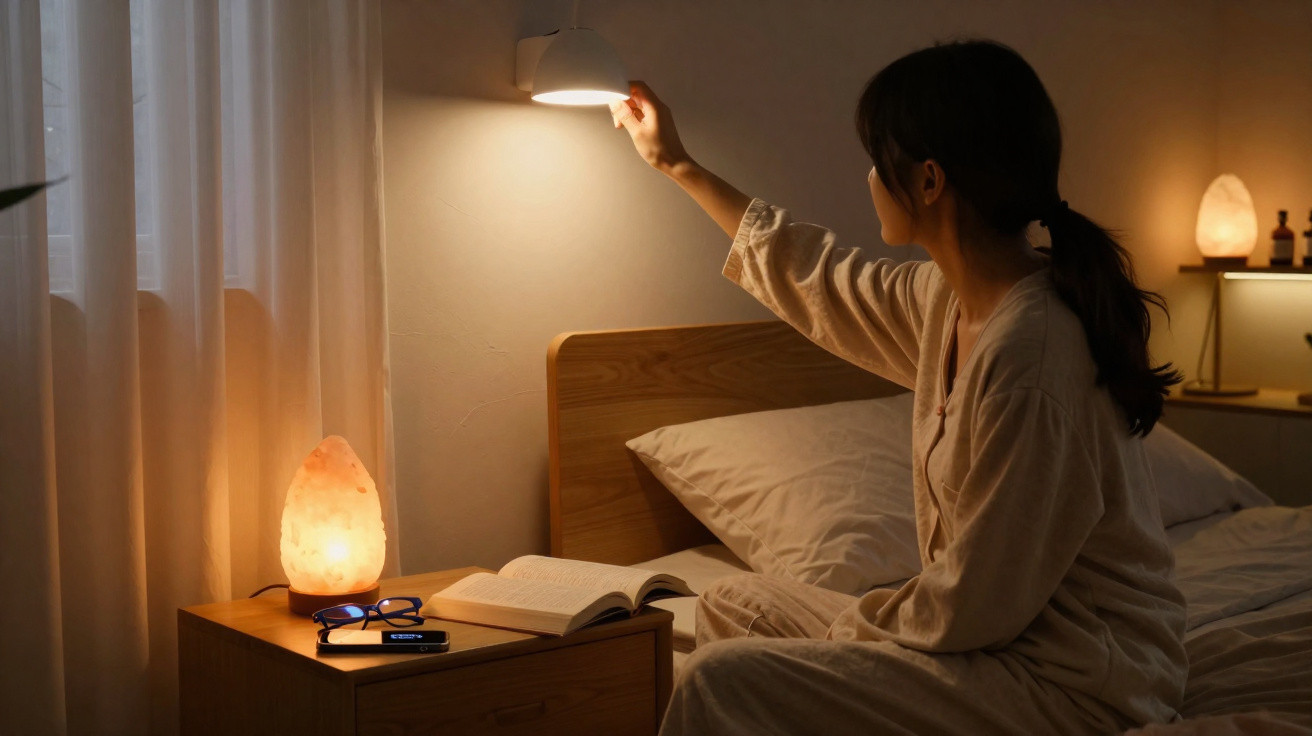 Mulher sentada na cama a desligar candeeiro de parede num quarto acolhedor à noite.