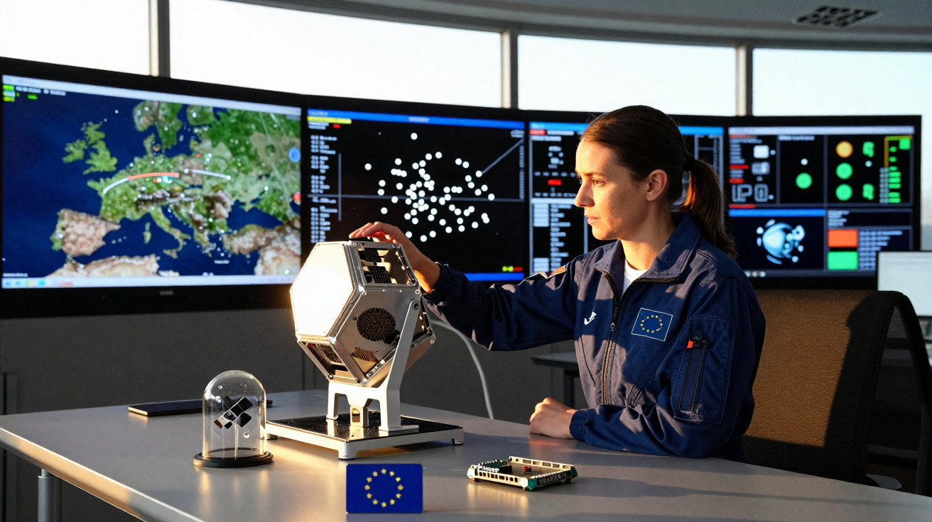 Mulher em farda azul manipula modelo de satélite em sala com ecrãs grandes ao fundo.