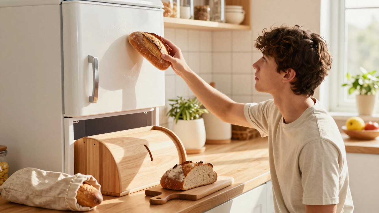 Jovem a guardar pão numa cozinha iluminada com pão cortado e saco de pano na bancada de madeira.