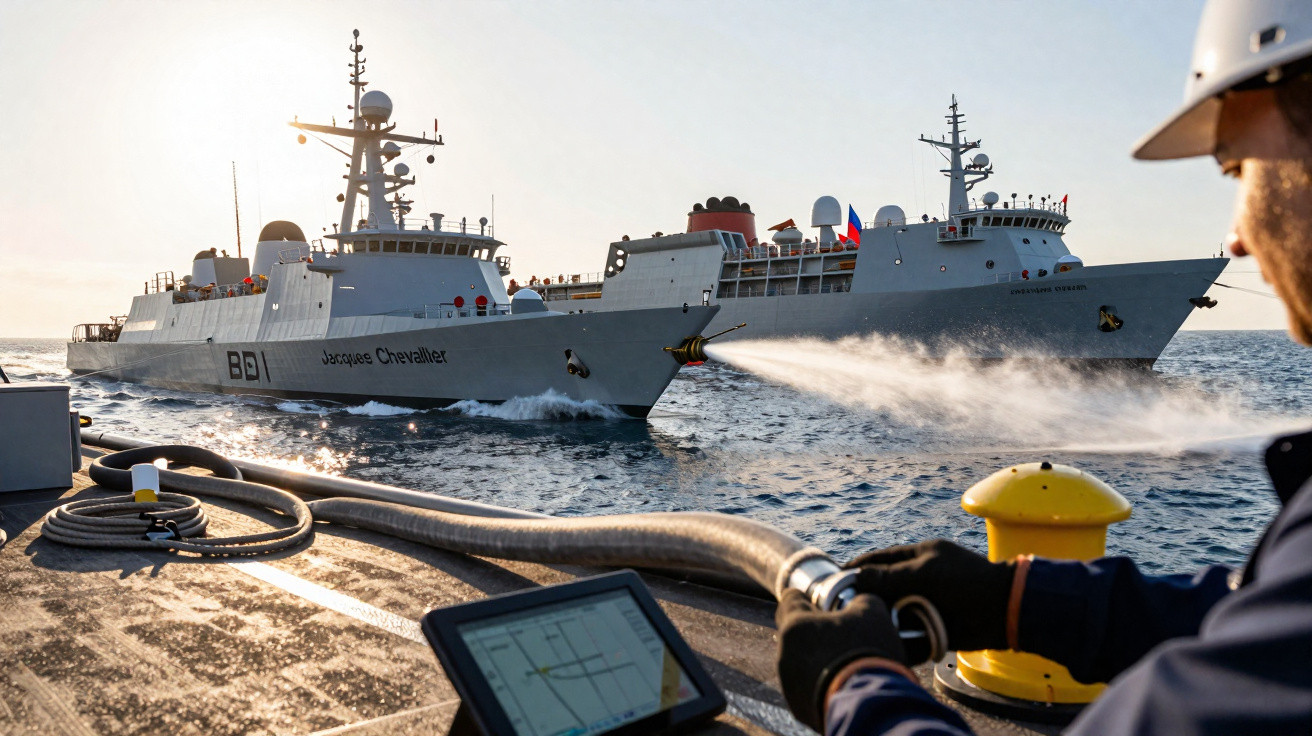 Dois navios militares no mar, com água a ser borrifada de um deles, visto da plataforma de outro barco.