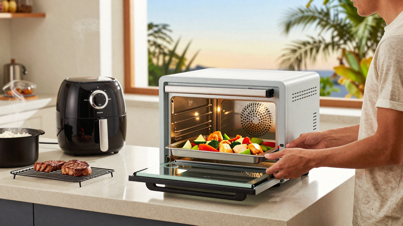 Pessoa a colocar travessa de legumes coloridos num forno elétrico de bancada numa cozinha moderna.