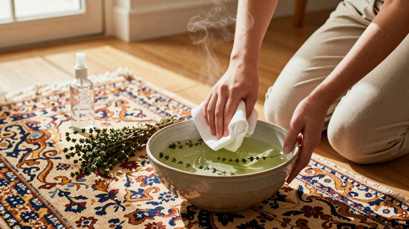 Pessoa com toalha branca junto a tigela com água quente e ervas aromáticas num tapete colorido.