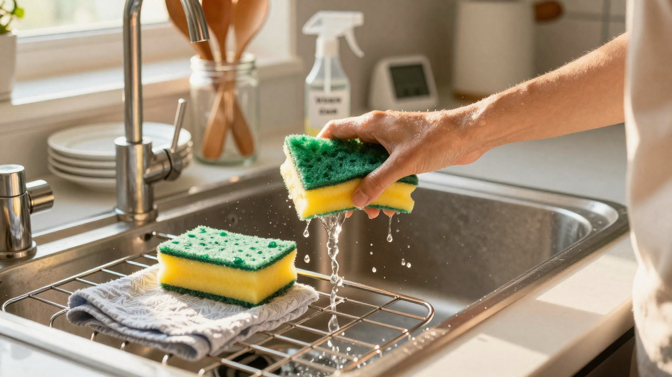 Mão a espremer uma esponja amarela e verde sobre a pia da cozinha com outra esponja e toalha ao lado.