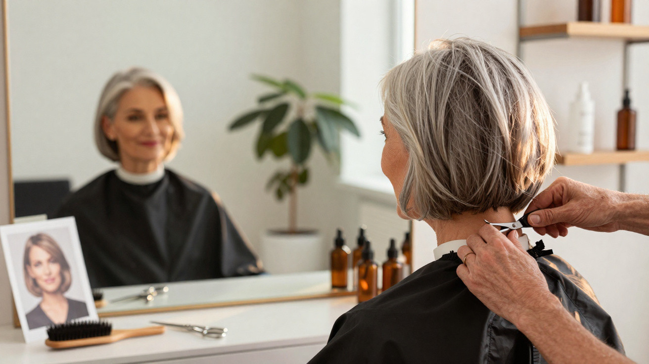 Mulher idosa a receber corte de cabelo num salão de beleza, vista de trás em frente ao espelho.