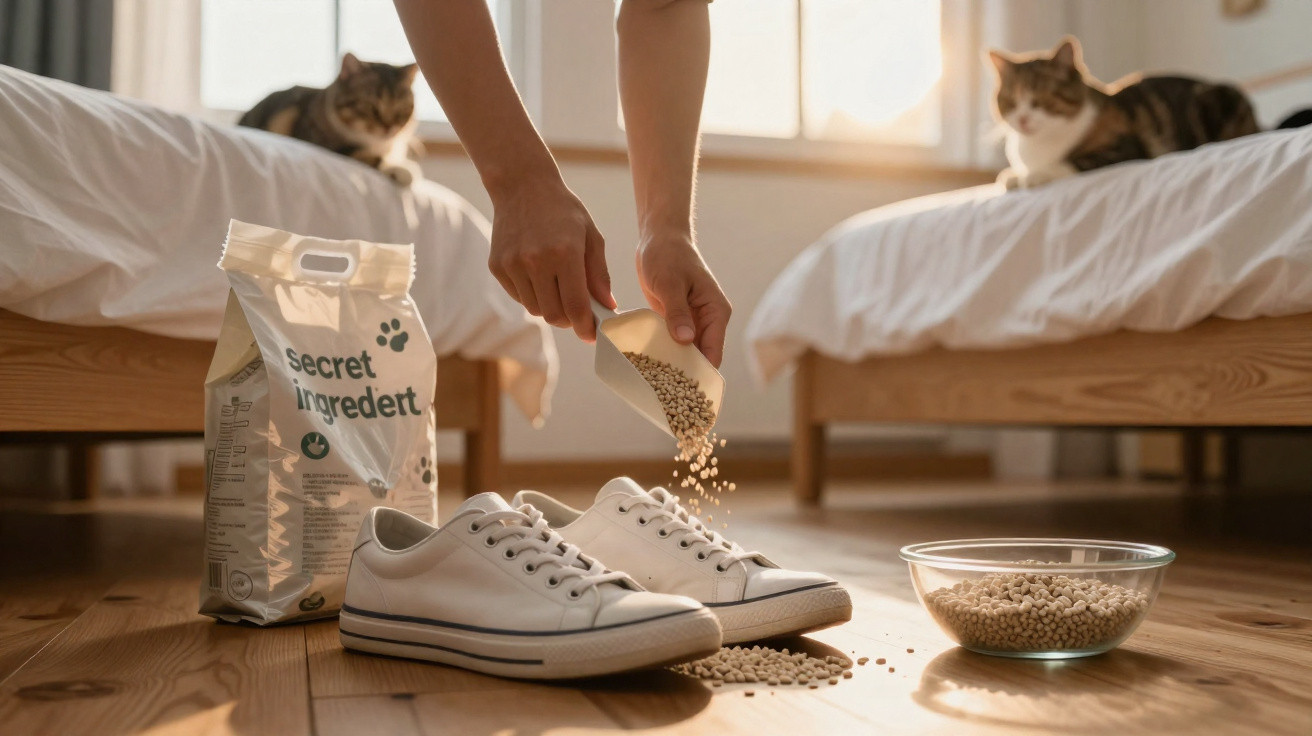 Pessoa a deitar ração seca dentro de sapatos brancos, com duas camas e dois gatos ao fundo numa sala iluminada.