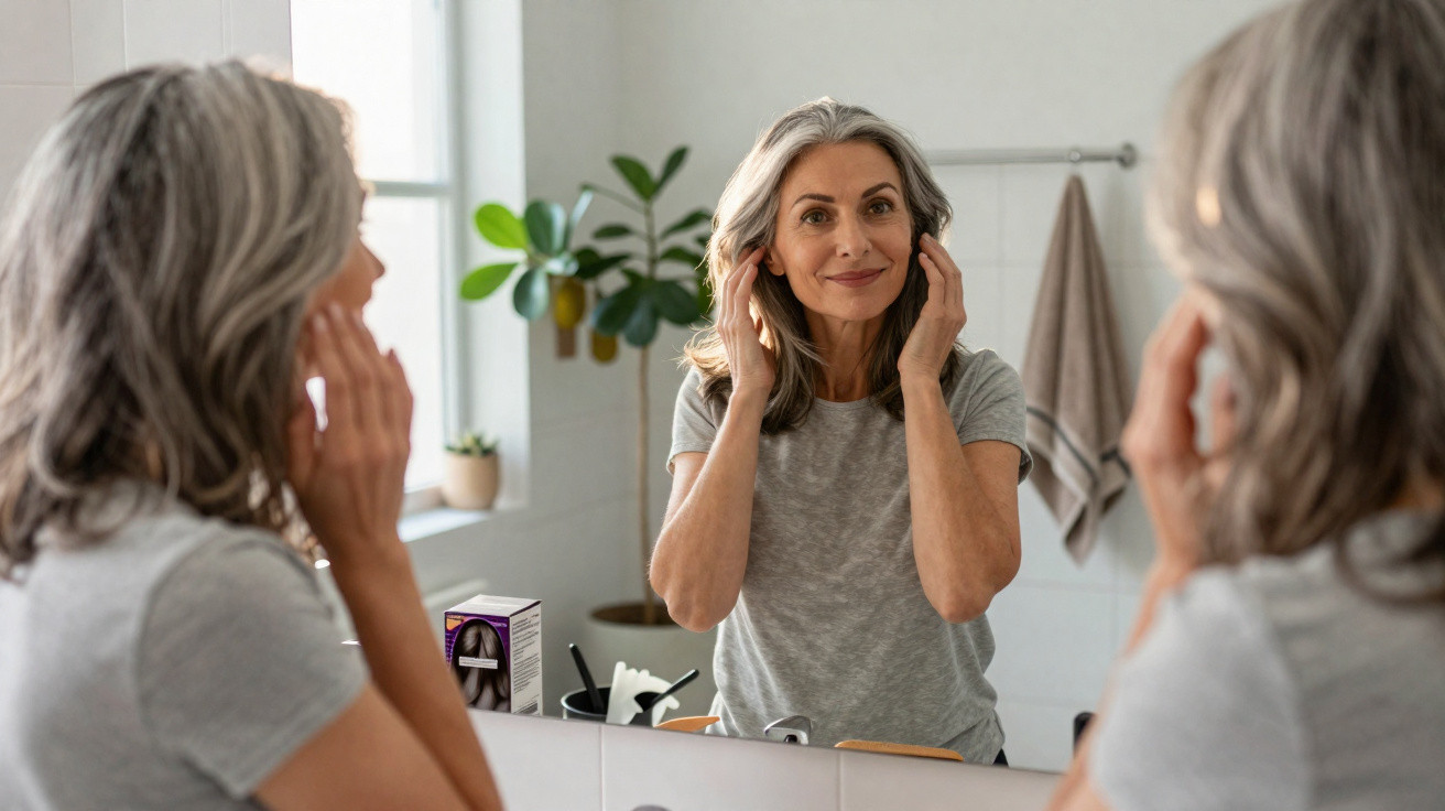 Mulher de meia-idade a olhar-se ao espelho e a tocar no cabelo cinzento num ambiente de casa de banho.