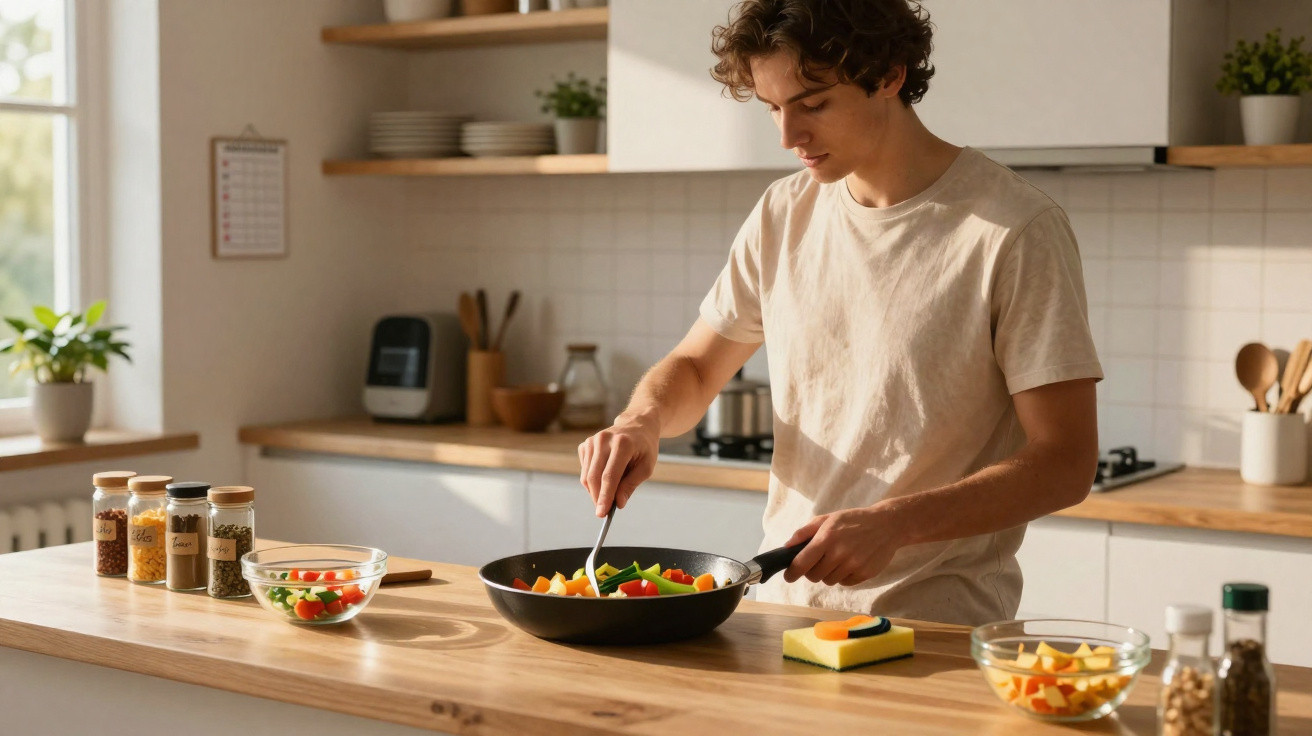 Jovem a cozinhar legumes numa frigideira numa cozinha com bancada de madeira e especiarias.