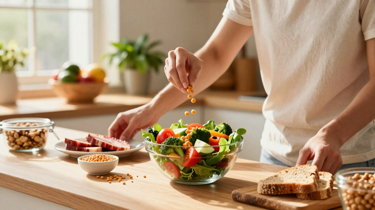 Pessoa a temperar salada com lentilhas numa cozinha luminosa, acompanhada de pão e frutos secos.