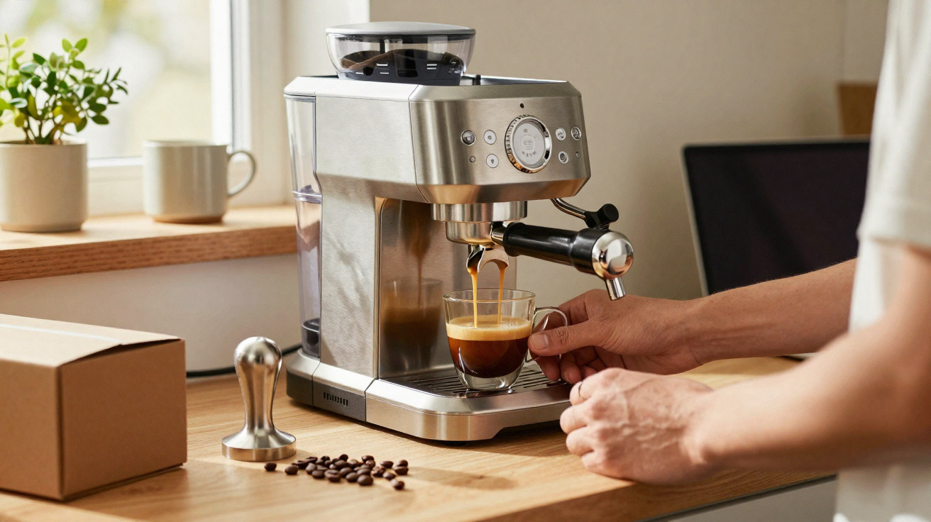 Pessoa a preparar café numa máquina de espresso metálica, numa bancada de madeira, com grãos de café e utensílios à vista.