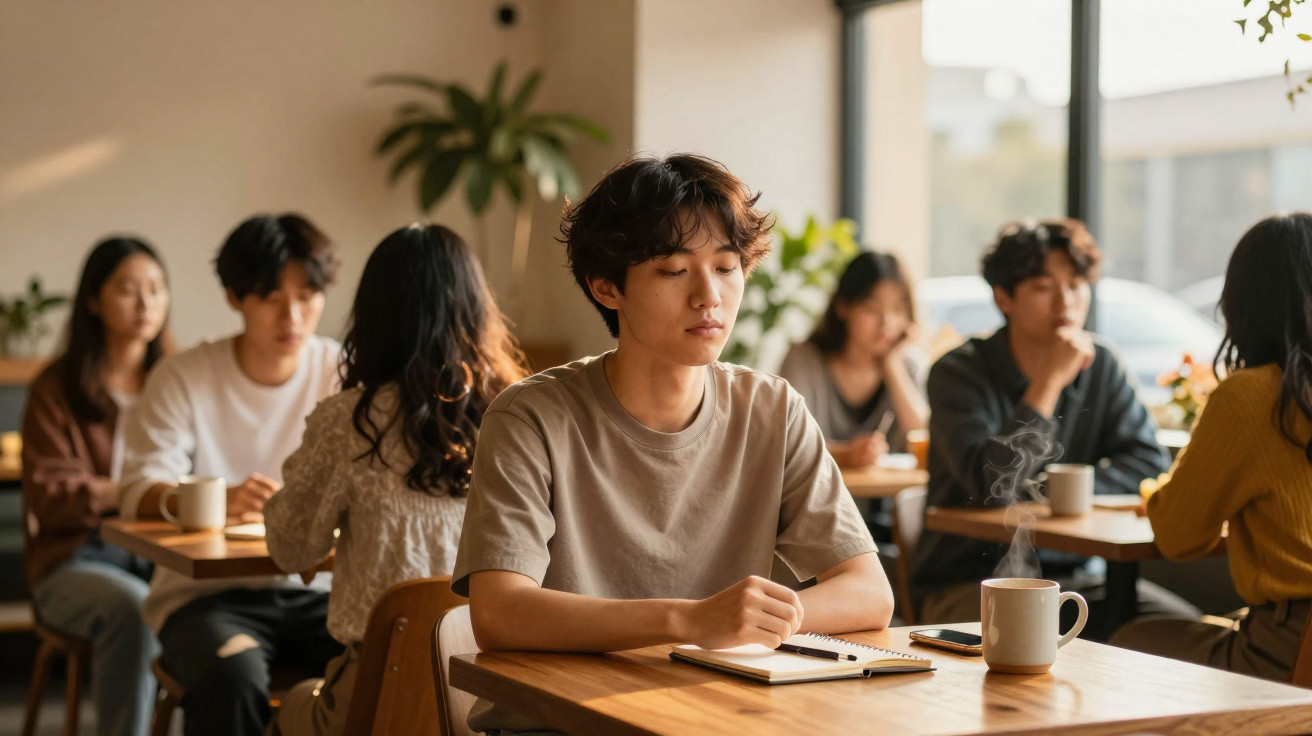 Jovem sentado sozinho numa mesa de café com caderno aberto, rodeado por outras pessoas em ambiente tranquilo.